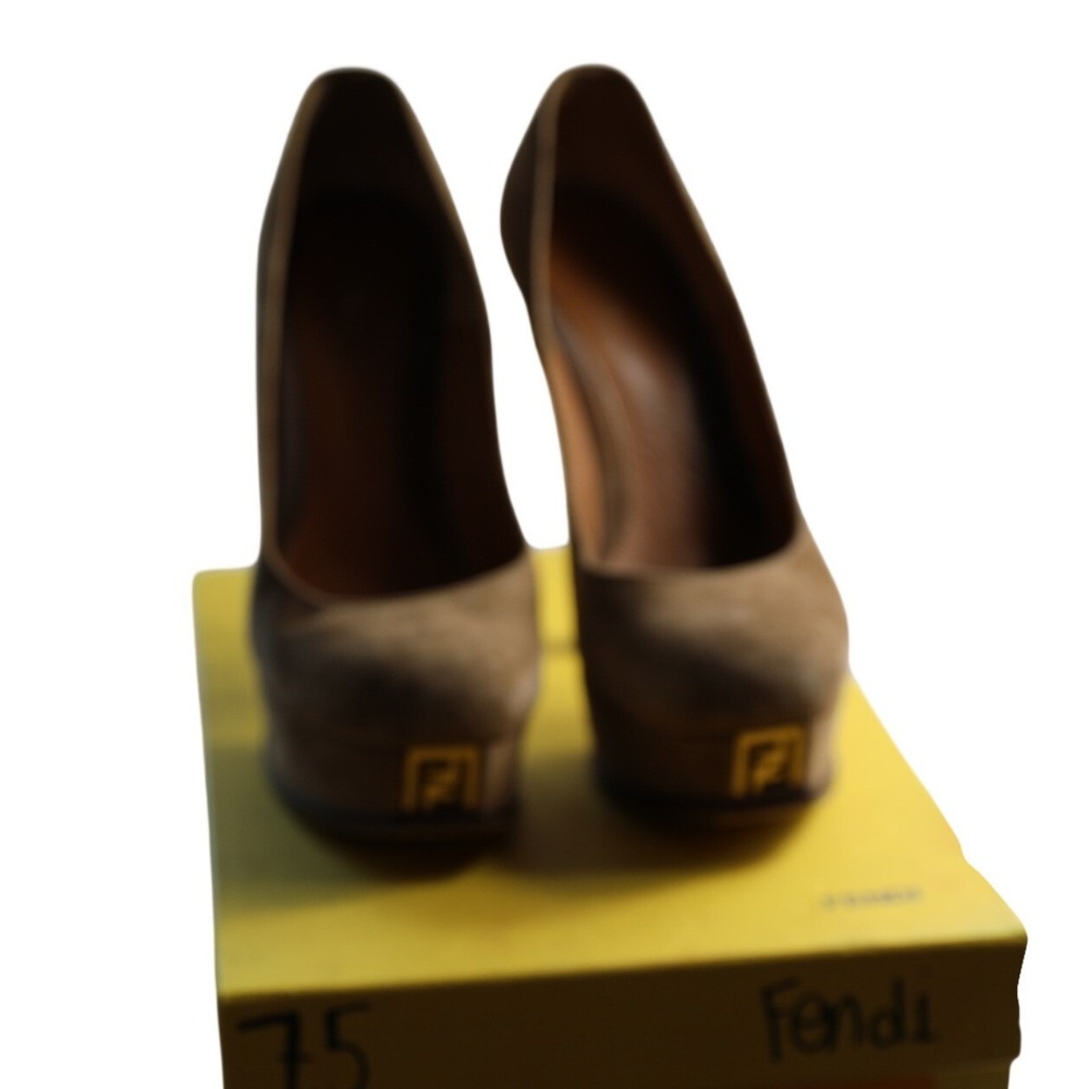 Fendi Tan Suede Platform Pumps Gold FF Logo Heels Made in Italy Size‎ 37.5